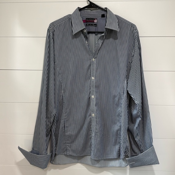 Ted Baker Endurance Navy Blue White Striped Button Down Dress Shirt Size 17 Neck - Picture 1 of 6